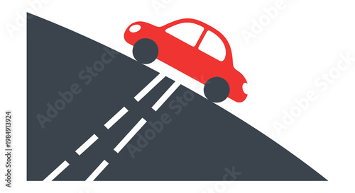 A vibrant red car drives along a curved dark road with white lane markings presented as a silhouette high quality professional