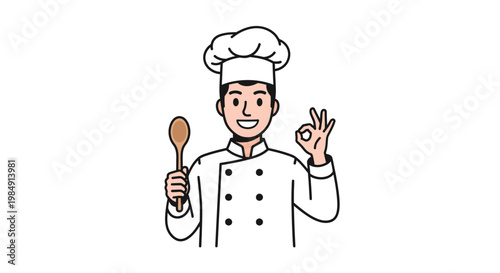 Chef holding a wooden spoon with ok hand gesture on white background