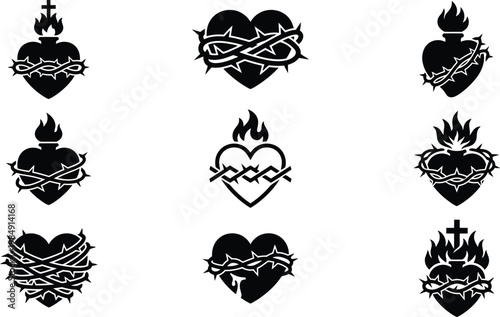 Neun verschiedene Darstellungen des Heiligen Herzens, umgeben von Dornenkronen, Flammen und Kreuzen, als religiöse Symbole.