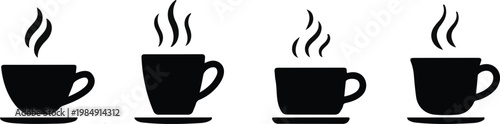 coffee cup icon set flat black vector hot drink steam silhouette café beverage symbol minimal design