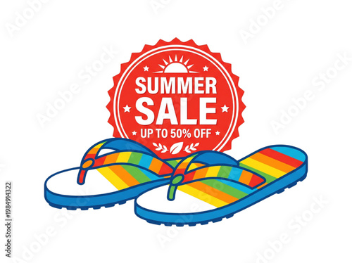 Summer Sale Badge with Colorful Flip Flops Beach Sandals and Up to 50 Percent Off Discount Promotion