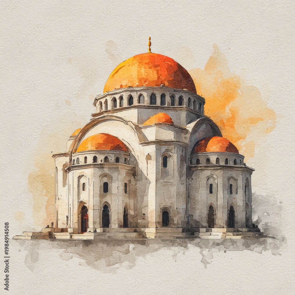 Fototapeta premium Watercolor illustration of a historic domed landmark with orange domes and arched architecture. AI generative