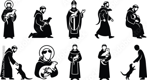 Schwarz-weiße Silhouetten von Mönchen und Heiligen, die sich um Otter kümmern und mit ihnen interagieren.