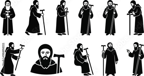 Mönche oder Einsiedler in verschiedenen Posen mit Stöcken als Silhouetten und Illustrationen dargestellt.