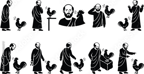 Schwarz-Weiß-Illustrationen eines Philosophen in Toga, der in verschiedenen Szenen mit einem Hahn interagiert und ihn präsentiert.