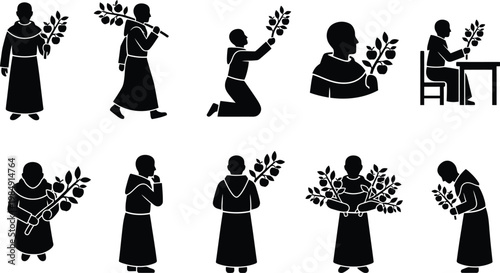 Silhouetten von Mönchen, die Zweige mit Blättern und Beeren halten und verschiedene Posen einnehmen.