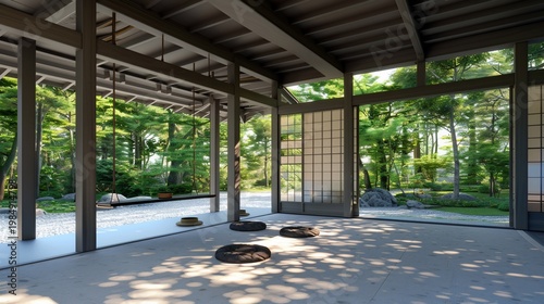Interior Japanese-style structure, open to lush garden, with tatami-like seats