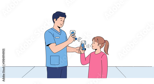 Doctor checks child's temperature with infrared thermometer, healthcare screening