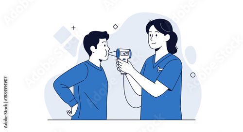 Doctor checking patient's temperature with infrared thermometer during pandemic
