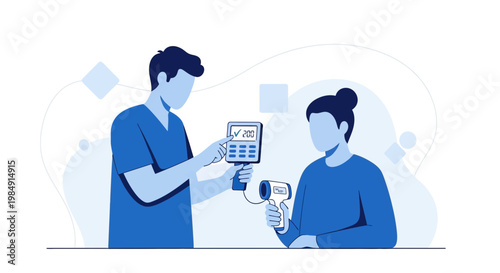 Doctor checks patient's temperature with infrared thermometer, health screening concept