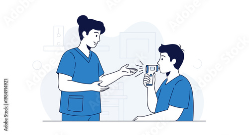 Doctor checks patient's temperature with infrared thermometer, healthcare concept