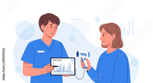 Doctor checks patient's temperature with infrared thermometer, showing health data on tablet