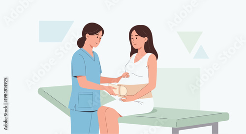 Doctor checks pregnant woman's belly with support belt on examination table