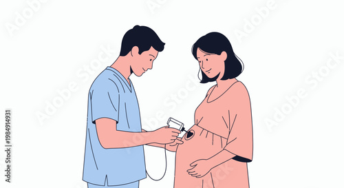 Doctor checks pregnant woman's belly with ultrasound device during prenatal checkup