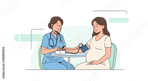 Doctor checks pregnant woman's blood pressure during prenatal checkup