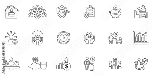 employee benefits icons set. pay raise, paid vacation,  food and beverage, health insurance, retirement plans, mobility and more. simple line vector