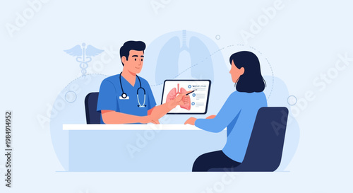 Doctor consulting patient about lung health, medical examination, digital health concept