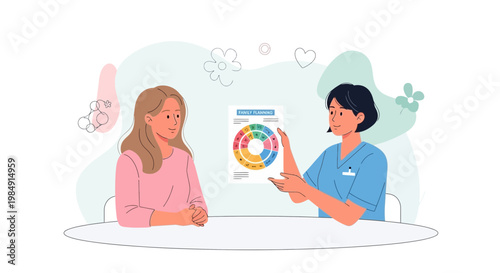 Doctor consulting patient about health plan with colorful chart, teamwork, medical appointment