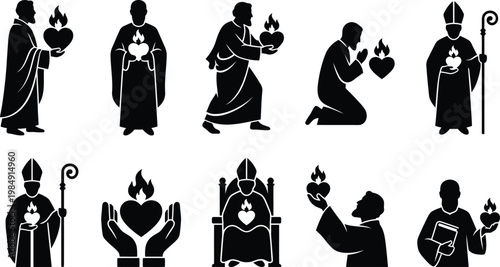 Silhouetten von Priestern und Bischöfen, die das flammende Herz halten, ein Symbol des Heiligen Herzens Jesu, in verschiedenen religiösen Posen.
