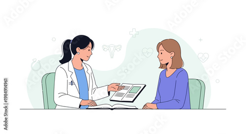 Doctor consulting patient about health, showing medical document in clinic office