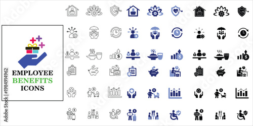 employee benefits icons set. flexible hours, gift, pay raise, paid vacation,  food and beverage, health insurance, retirement plans, mobility and more. simple complete vector