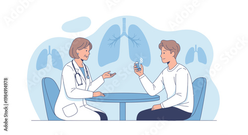 Doctor consulting patient about lung health, showing inhaler, medical check-up, respiratory system illustration