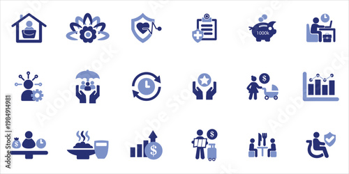 employee benefits icons set. pay raise, food and beverage, life insurance, retirement plans, mobility and more. simple colored vector