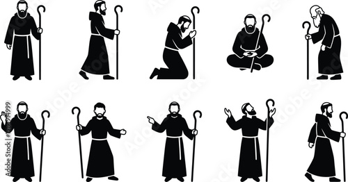 Silhouetten von Mönchen in verschiedenen Posen mit Stäben, die Spiritualität und religiöses Leben darstellen.