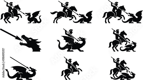 Verschiedene Silhouetten von einem Ritter auf einem Pferd, der einen Drachen bekämpft, einschließlich des Drachens, der Feuer speit.