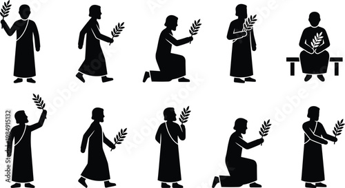 Schwarz-weiße Silhouetten von Menschen in traditioneller Kleidung, die Weizenähren halten, in verschiedenen Posen wie Stehen, Gehen, Knien und Sitzen.