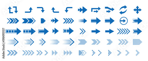 Collection of blue directional arrows and symbols isolated on transparent background