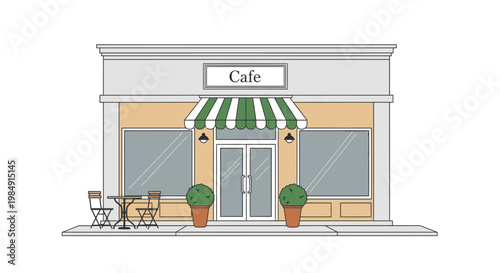 Illustrated cafe building facade with table and chairs outside vector