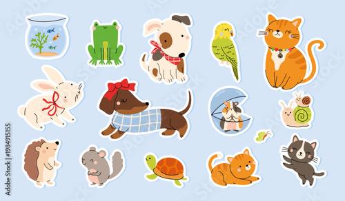 Cute pet animals sticker set. Dog, cat, parrot, chinchilla, hamster, turtle, snail, frog and small furry mammals. Perfect for kids design. Flat vector illustration.