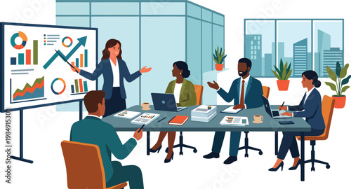 Diverse business team in a meeting, presenting growth charts on a screen