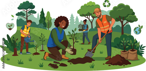 Diverse volunteers planting trees in a park, promoting environmental care and sustainability
