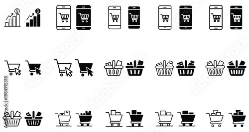 Black and white collection of various shopping icons on white background