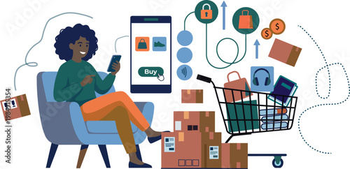 Woman shopping online on phone, surrounded by packages and a shopping cart illustration