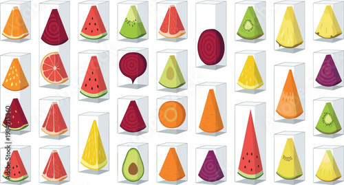 Fruit Slice Cube Icon Set with Watermelon, Citrus, Kiwi, Pineapple, Beetroot, Avocado, and Carrot in Transparent Box Style for Modern Food Design