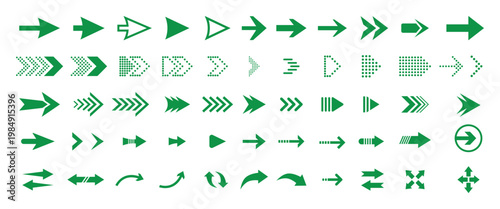 Variety of Green Arrows in Different Styles and Directions isolated on transparent background