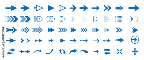 Collection of Blue Arrows in Diverse Styles and Orientations isolated on transparent background