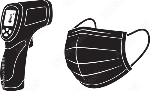 Healthcare protection kit silhouette featuring infrared digital thermometer and surgical face mask