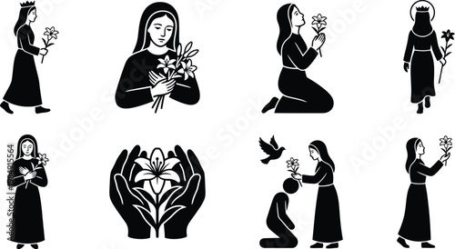 Schwarz-weiße Ikonen von Frauen mit Blumen, die religiöse und spirituelle Themen darstellen.