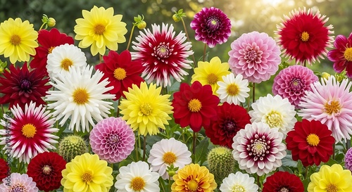 A vibrant, sun-kissed display of assorted dahlia blossoms in full bloom