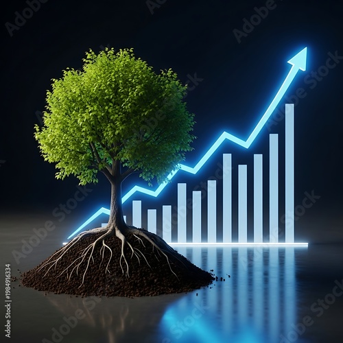 A vibrant tree with strong roots grows from fertile soil, beside a glowing rising blue graph