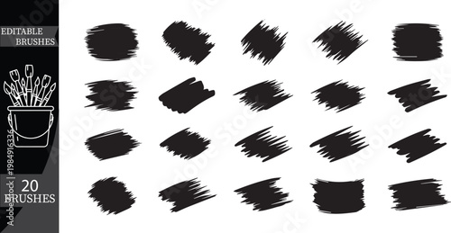 20 Black Hand-Drawn Paint Smear and Marker Brush Strokes for Graphic Design