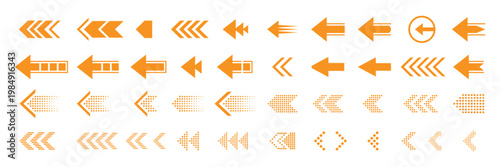 Collection of orange left pointing arrows in various styles and directions isolated on transparent background