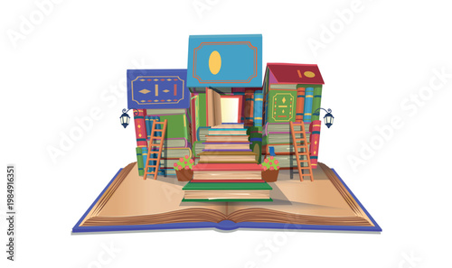 Open book with whimsical house built from colorful stacked books, forming a magical reading world. Concept of imagination, education, storytelling, and creativity. On a white background