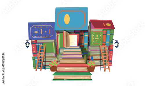 Whimsical house built from colorful stacked books, forming a magical reading world. Concept of imagination, education, storytelling, and creativity.