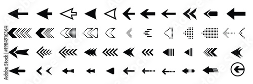 Collection of black left directional arrows isolated on transparent background