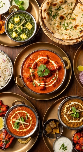 A vibrant, top-down view of an assortment of flavorful Indian dishes, beautifully arranged